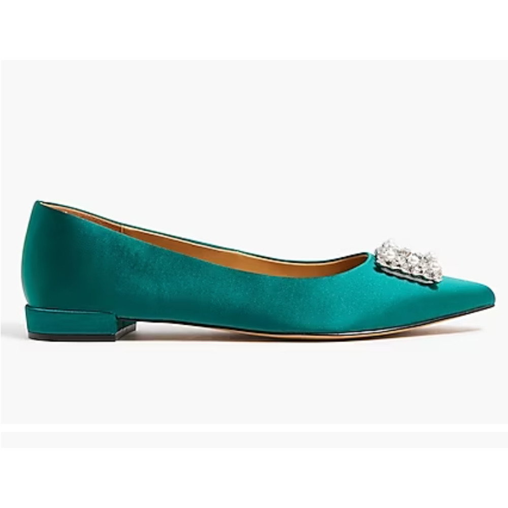 Crystal Embellished Pointed-Toe Satin Flats | Sz 9, Green | J Crew Factory - Picture 4 of 6